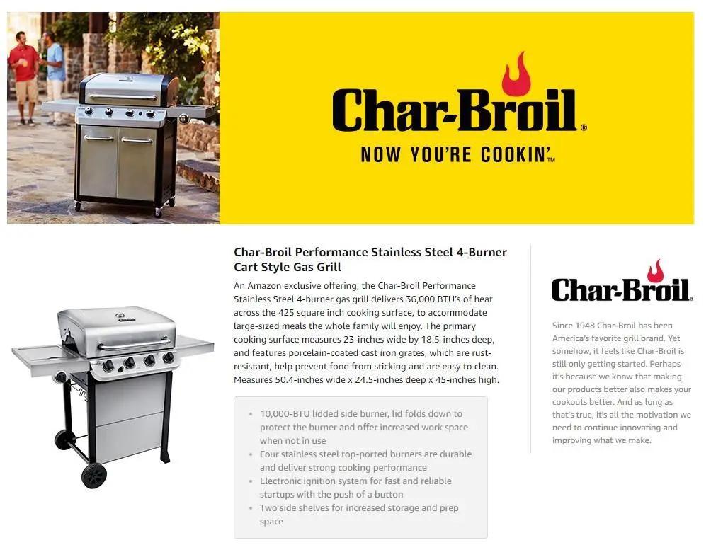 Char Broil Performance Stainless Steel 4 Burner Cart Style Gas